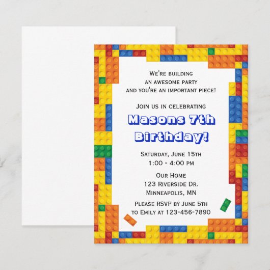 Colorful Bricks Building Blocks Birthday Party Kaart (Voorkant / Achterkant)