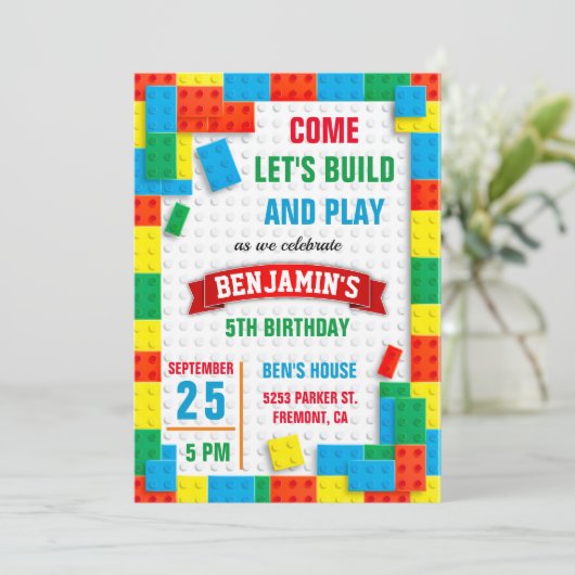 Colorful Bricks Building Blocks Birthday Party Kaart (Staand voorkant)
