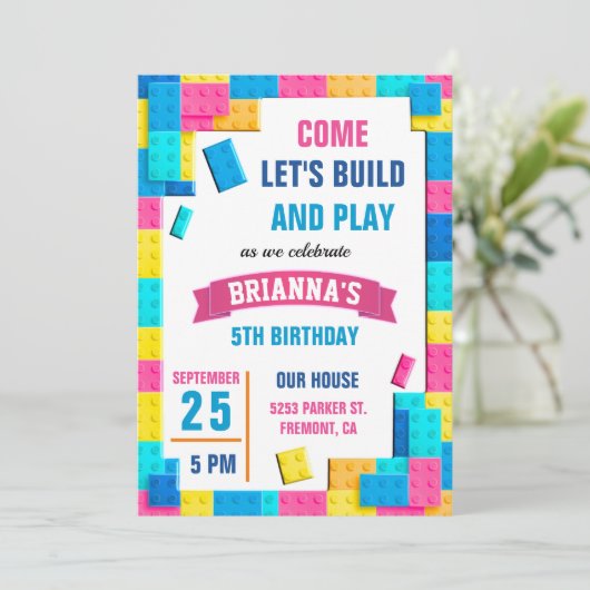 Colorful Bricks Building Blocks Birthday Party Kaart (Staand voorkant)