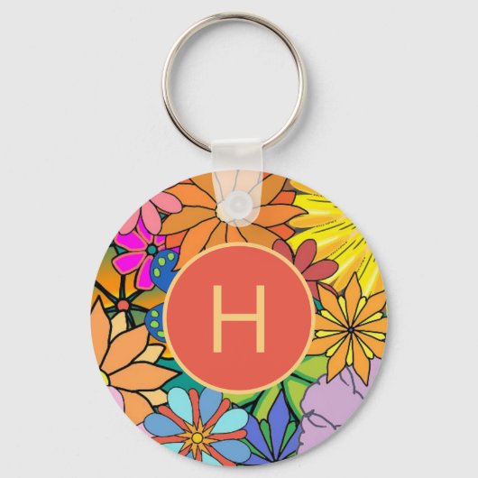 Colorful Bright Flower Power Monogram Sleutelhanger (Voorkant)