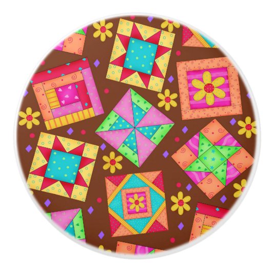 Colorful Brown Quilt Patchwork Block Art Keramische Knop (Voorkant)