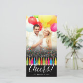 Colorful Bubble Bottles Cheers Fun New Year Foto Feestdagenkaart (Staand voorkant)