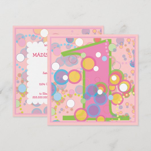 Colorful Bubbles 1st Birthday Party Invitation Kaart (Voorkant / Achterkant)