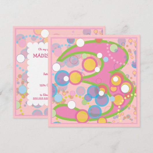 Colorful Bubbles 3rd Birthday Party Invitation Kaart (Voorkant / Achterkant)