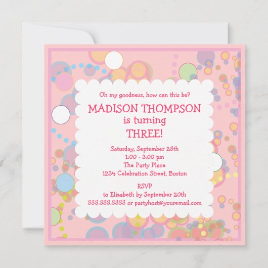 Colorful Bubbles 3rd Birthday Party Invitation Kaart (Achterkant)