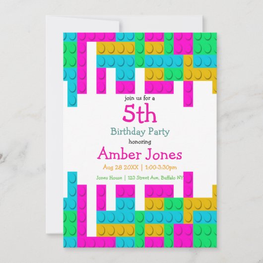 Colorful Building Block Girl Birthday Party Invite (Voorkant)