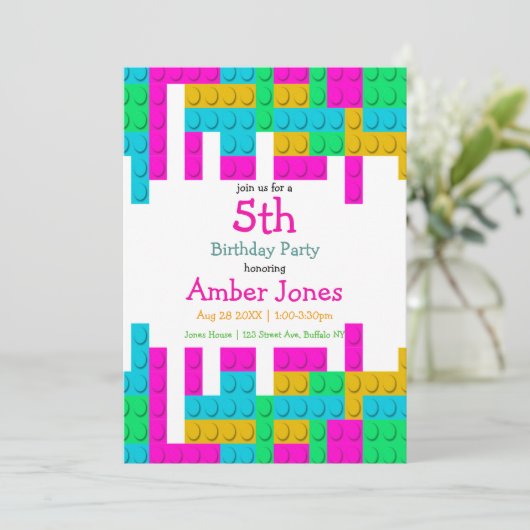 Colorful Building Block Girl Birthday Party Invite (Staand voorkant)