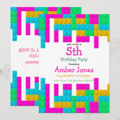 Colorful Building Block Girl Birthday Party Invite (Voorkant / Achterkant)