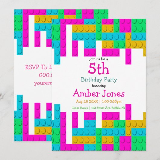 Colorful Building Block Girl Birthday Party Invite (Voorkant / Achterkant)