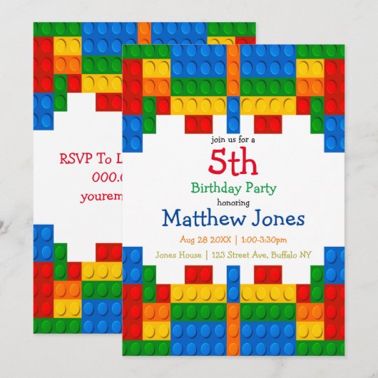 Colorful Building Blocks Boy Birthday Party Invite (Voorkant / Achterkant)