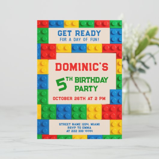 Colorful building blocks kids birthday party kaart (Staand voorkant)