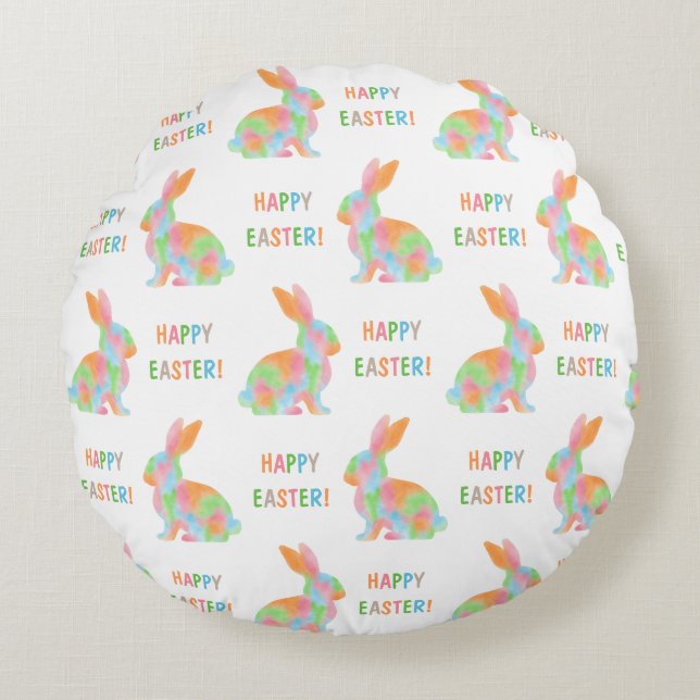 Colorful Bunnies Pattern With Happy Easter Text Rond Kussen (Voorkant)