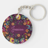Colorful Busy Floral Pattern Purple Personalised Sleutelhanger (Achterkant)