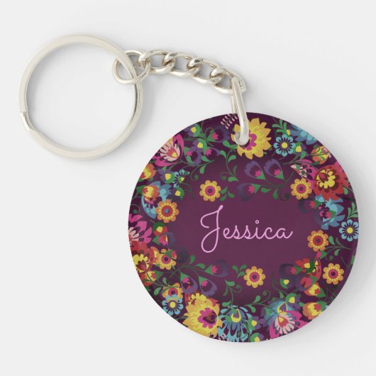 Colorful Busy Floral Pattern Purple Personalised Sleutelhanger (Voorkant)