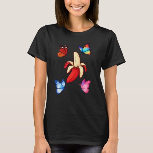 Colorful Butterflies and Banana Illustration T-shirt (Voorkant)