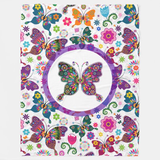 Colorful Butterflies & Flowers Patroon Fleece Deken (Voorkant)