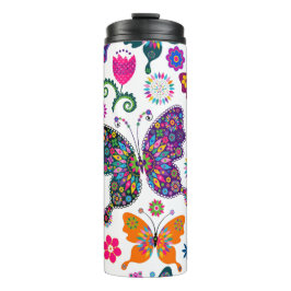 Colorful Butterflies & Flowers Patroon Thermosbeker