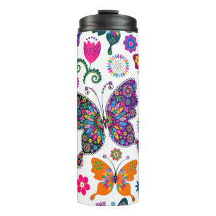 Colorful Butterflies & Flowers Patroon Thermosbeker