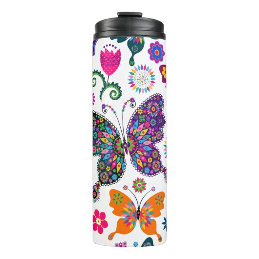Colorful Butterflies & Flowers Patroon Thermosbeker (Voorkant)