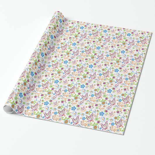 Colorful Butterflies & Flowers Pattern Monogramed Cadeaupapier (Uitgerold)