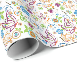 Colorful Butterflies & Flowers Pattern Monogramed Cadeaupapier