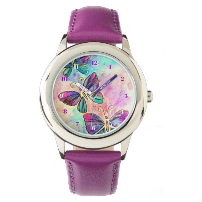 Colorful Butterflies Flying - Spring - Waterverf Horloge (Voorkant)