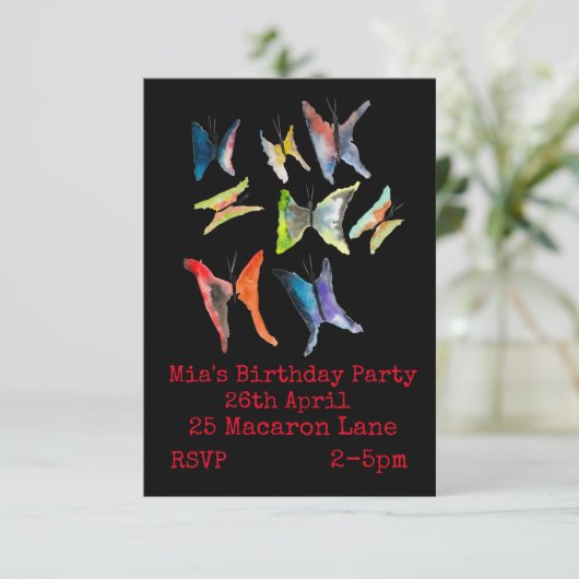 Colorful butterflies girl' verjaardagsuitnodiging kaart (Staand voorkant)