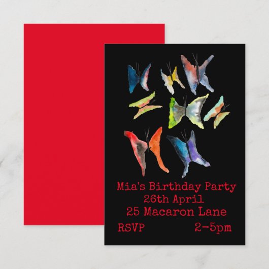 Colorful butterflies girl' verjaardagsuitnodiging kaart (Voorkant / Achterkant)