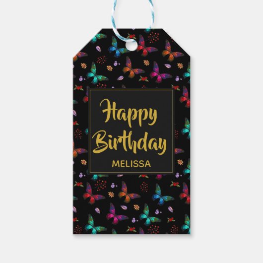 Colorful Butterflies Pattern op Black Birthday Cadeaulabel (Voorkant)