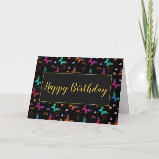 Colorful Butterflies Pattern op Black Birthday Kaart (Voorkant)
