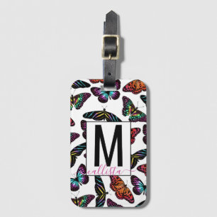 Colorful Butterflies Waterverf Pattern Monogram Bagagelabel