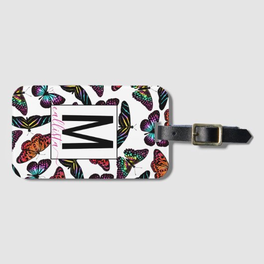 Colorful Butterflies Waterverf Pattern Monogram Bagagelabel (Voorkant (horizontaal))