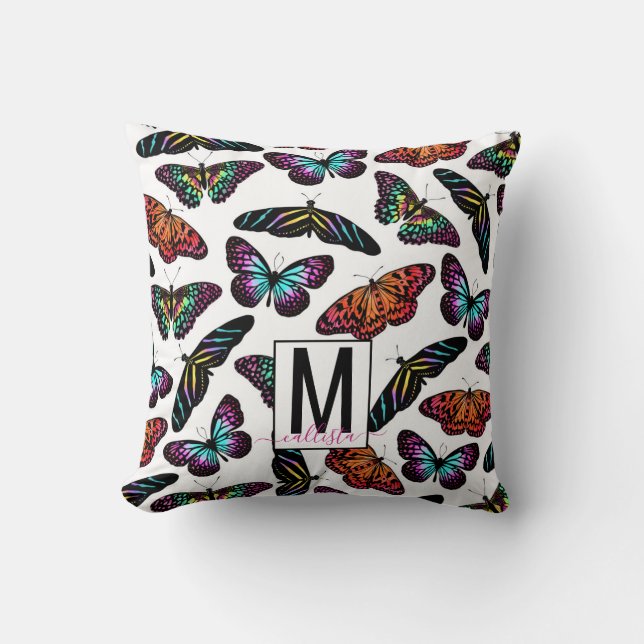 Colorful Butterflies Waterverf Pattern Monogram Kussen (Voorkant)