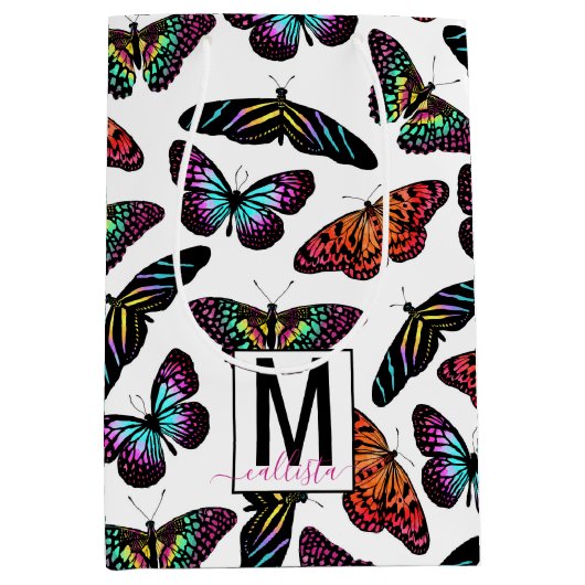 Colorful Butterflies Waterverf Pattern Monogram Medium Cadeauzakje (Voorkant)