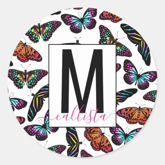 Colorful Butterflies Waterverf Pattern Monogram Ronde Sticker (Voorkant)