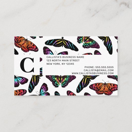 Colorful Butterflies Waterverf Pattern Monogram Visitekaartje (Achterkant)