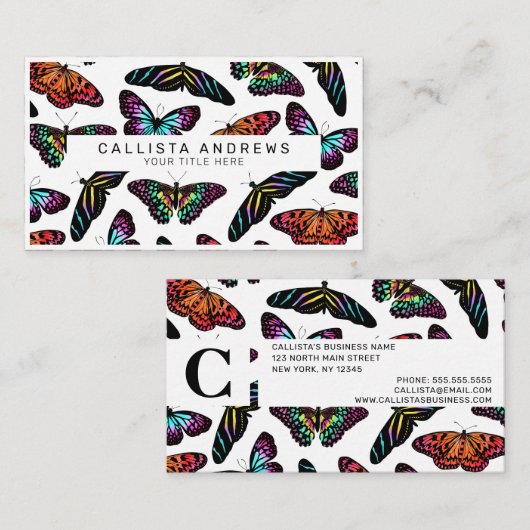 Colorful Butterflies Waterverf Pattern Monogram Visitekaartje (Voorkant / Achterkant)