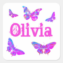 Colorful Butterfly Art roze toevoegen naam Olivia Vierkante Sticker