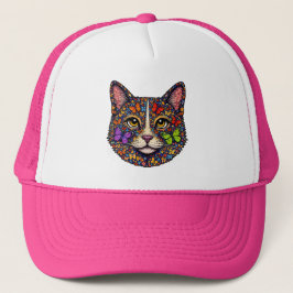 Colorful Butterfly Blooms Cat Portrait Kitty Lover Trucker Pet