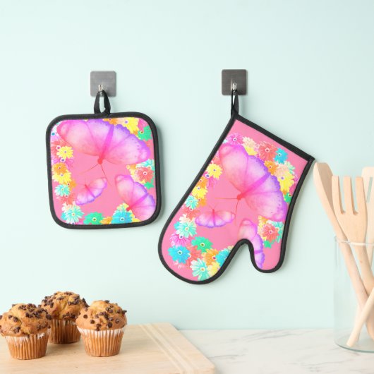 Colorful Butterfly Floral Dream Ovenwant & Pannenlap Set (Insitu(Ophanging))