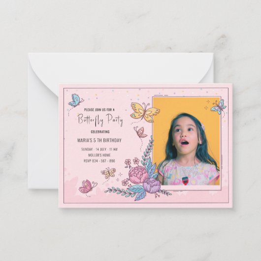 Colorful butterfly party verjaardagsuitnodiging notitiekaartje (Voorkant)
