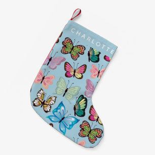 Colorful Butterfly Pattern Pastel Blue Custom Name Kleine Kerstsok