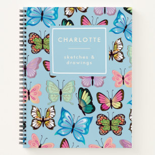 Colorful Butterfly Pattern Pastel Blue Sketchbook Notitieboek