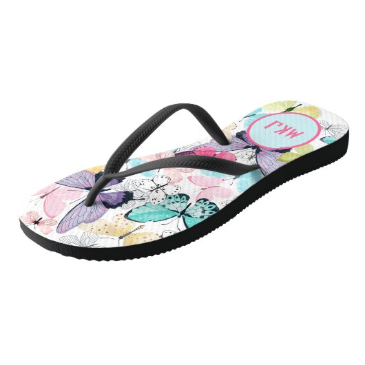Colorful Butterfly Pink, Blue, Purple Monogram Teenslippers (Schuin)