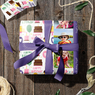 Colorful Cake Pattern Happy Birthday met naam foto Cadeaupapier