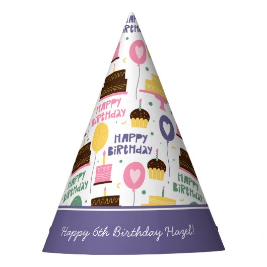 Colorful Cake Pattern Happy Birthday w/ Name Age Feesthoedjes (Voorkant)