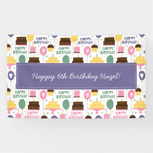 Colorful Cake Pattern Happy Birthday w/ Name Age Spandoek (Horizontaal)