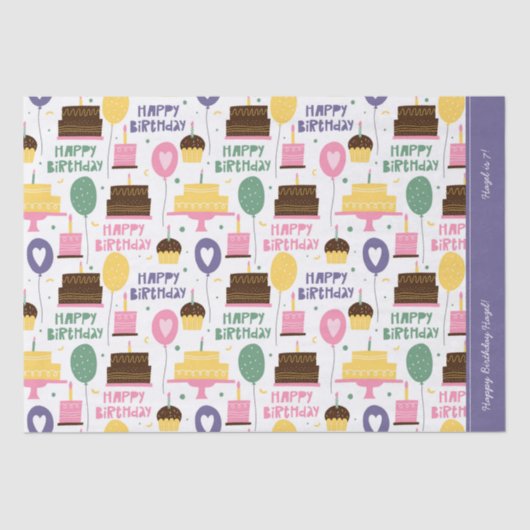 Colorful Cake Pattern Happy Birthday w/ Name Age Tissuepapier (Voorkant)