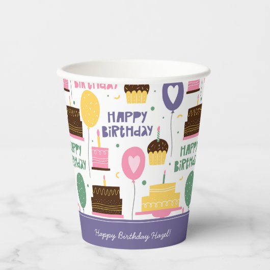Colorful Cake Pattern Happy Birthday w/ Name Papieren Bekers (Voorkant)