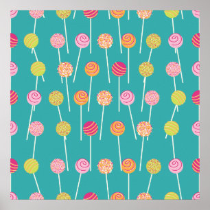 Colorful Cake Poppen op Blauwgroen Patroon Poster